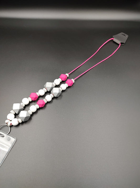 Handmade Pink, White, and Silver Lanyard - Product Code 1024