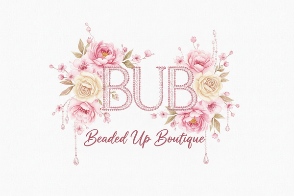 Beaded Up Boutique Logo with BUB and pink flowers